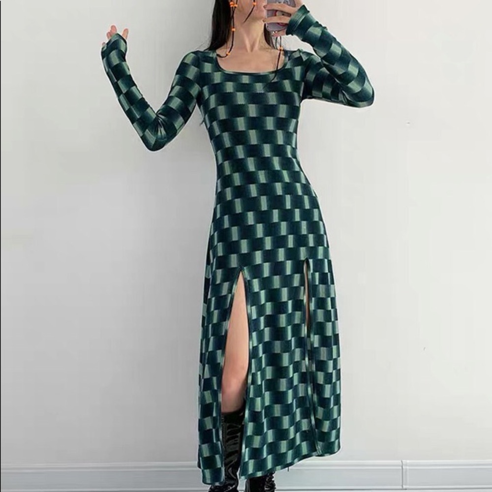 Geometric checkered long-sleeve maxi dress